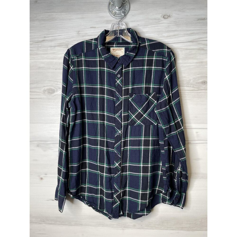 Arizona Jean Co Shirt Womens Medium Navy Green Plaid Long‎ Sleeve Boyfriend Fit